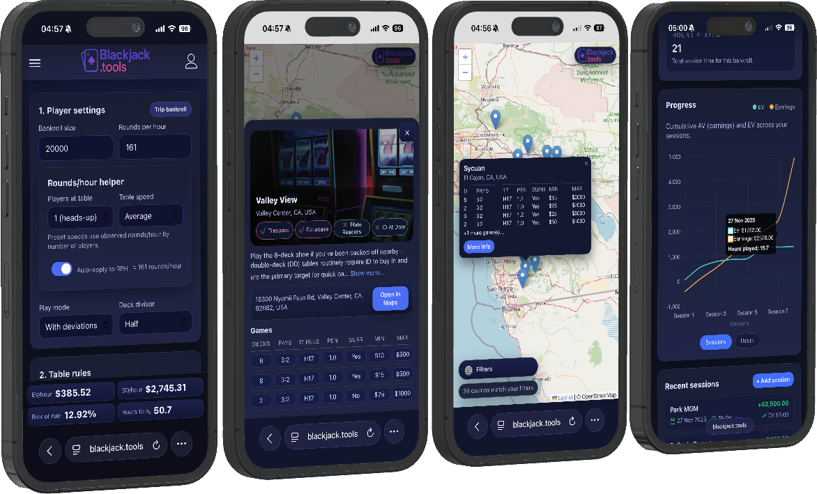 blackjack.tools bankroll, casino map, and results tracker screens on mobile devices.